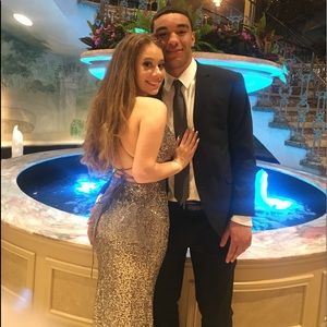 Camille La Vie Grey/Silver Sequin Prom Dress